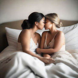 An intimate scene featuring two women in bed, sharing a tender kiss while wearing stylish wedge sandals