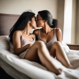 An intimate scene featuring two women in bed without a blanket, sharing a tender kiss while wearing stylish wedge sandals