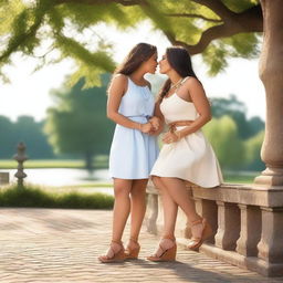 A heartwarming scene featuring two women sharing a kiss while wearing fashionable wedge sandals