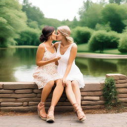 A heartwarming scene featuring two women sharing a kiss while wearing fashionable wedge sandals