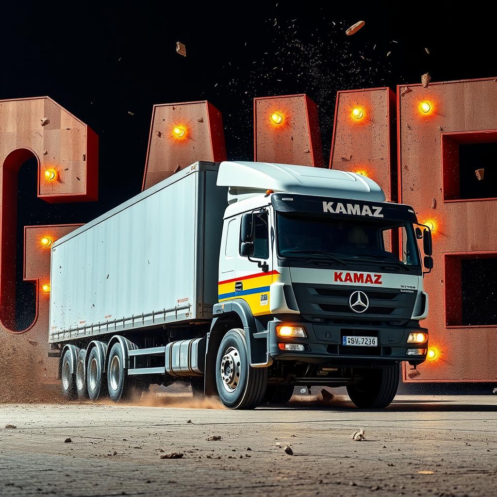 A large KAMAZ truck driving and crashing into giant letters that spell out the word 'GAME'