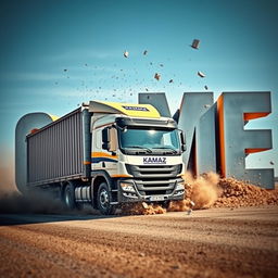 A large KAMAZ truck driving and crashing into giant letters that spell out the word 'GAME'