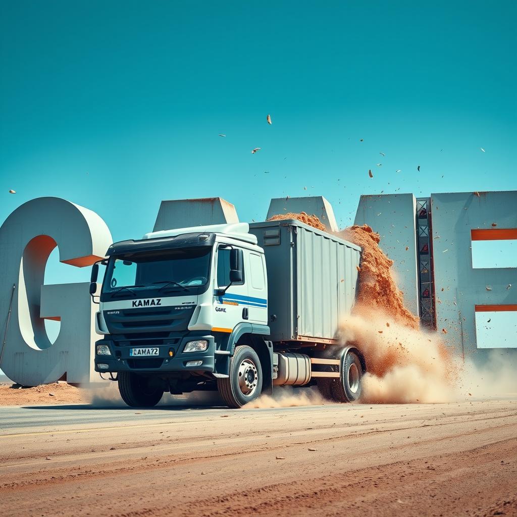 A large KAMAZ truck driving and crashing into giant letters that spell out the word 'GAME'