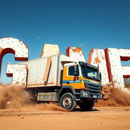 A large KAMAZ truck driving and crashing into giant letters that spell out the word 'GAME'