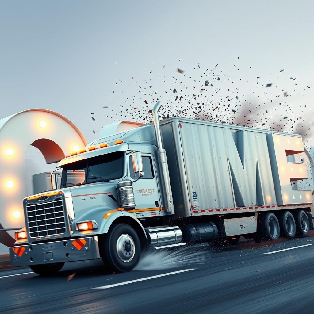 A large truck driving and crashing into giant letters that spell out the word 'GAME'