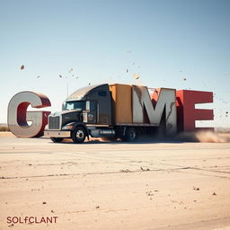 A large truck driving and crashing into giant letters that spell out the word 'GAME'