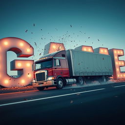 A large truck driving and crashing into giant letters that spell out the word 'GAME'