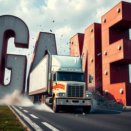 A large truck driving and crashing into giant letters that spell out the word 'GAME'