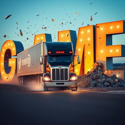 A large truck driving and crashing into letters that spell out the word 'GAME'