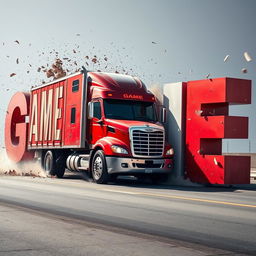 A large truck driving and crashing into letters that spell out the word 'GAME'