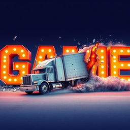 A large truck driving and crashing into letters that spell out the word 'GAME'