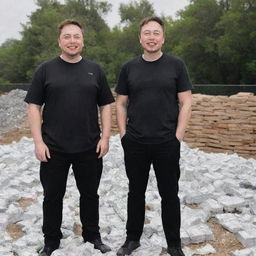 MrBeast and Elon Musk, both smiling, standing victoriously on a pile of a million dollars.