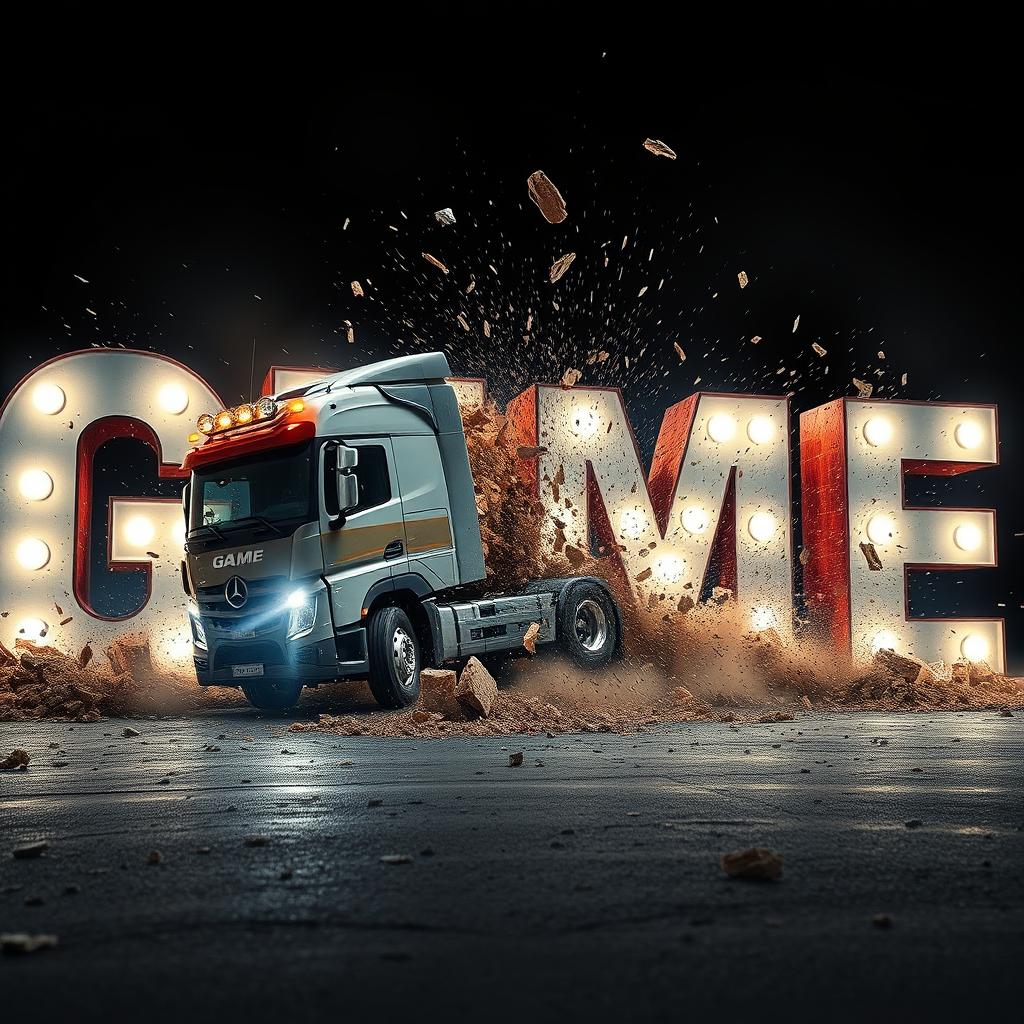 A cinematic scene of a truck crashing into letters that spell 'GAME', with dynamic debris and dramatic lighting.