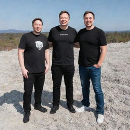 MrBeast and Elon Musk, both smiling, standing victoriously on a pile of a million dollars.