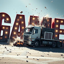 A cinematic scene of a truck crashing into letters that spell 'GAME', with dynamic debris and dramatic lighting.