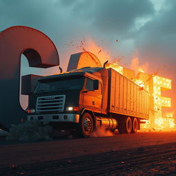 A cinematic scene of a truck crashing into letters that spell 'GAME', with dynamic debris and dramatic lighting.