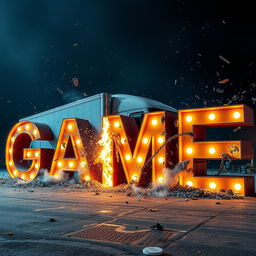 A cinematic scene of a truck crashing into letters that spell 'GAME', with dynamic debris and dramatic lighting.