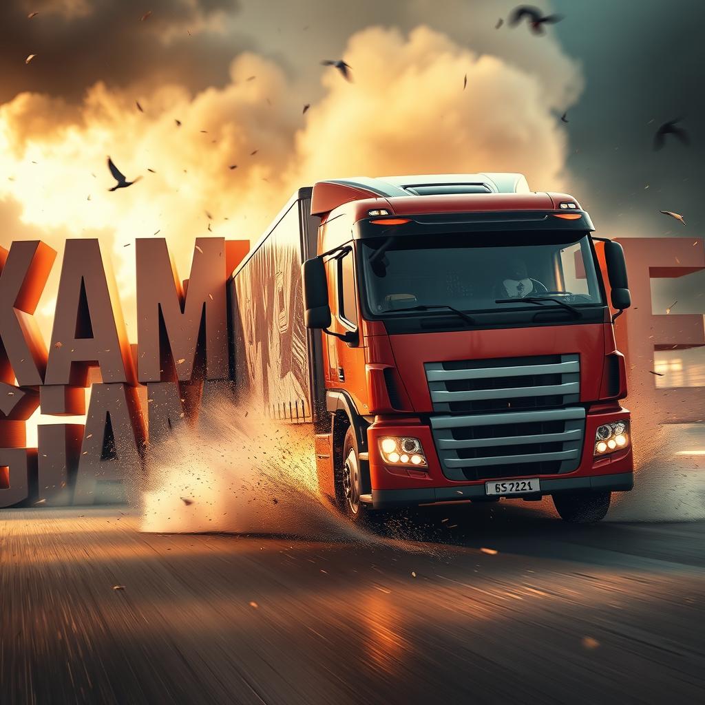 A large truck driving and crashing into letters that spell out 'KAMAZGAME'