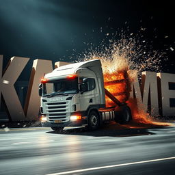 A large truck driving and crashing into letters that spell out 'KAMAZGAME'