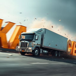 A large truck driving and crashing into letters that spell out 'KAMAZGAME'