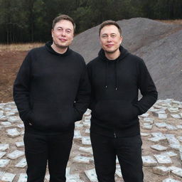 MrBeast and Elon Musk, both smiling, standing victoriously on a pile of a million dollars.