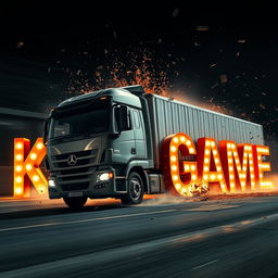 A large truck driving and crashing into letters that spell out 'KAMAZGAME'