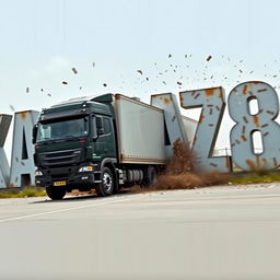 A large truck driving and crashing into letters that spell out the word 'KAMAZ68'