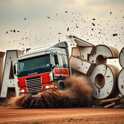 A large truck driving and crashing into letters that spell out the word 'KAMAZ68'