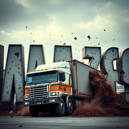 A large truck driving and crashing into letters that spell out the word 'KAMAZ68'