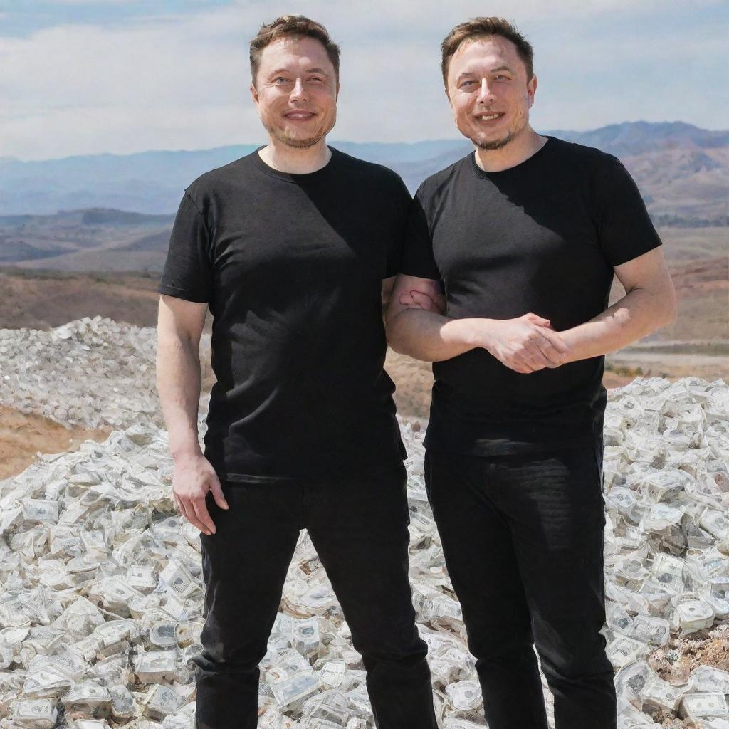 MrBeast and Elon Musk, both smiling, standing victoriously on a pile of a million dollars.