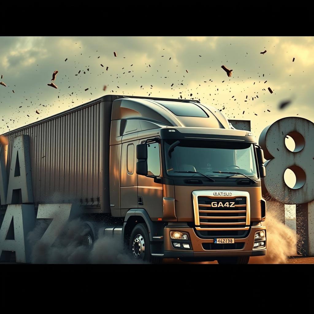 A large truck driving and crashing into letters that spell out the word 'KAMAZ68'