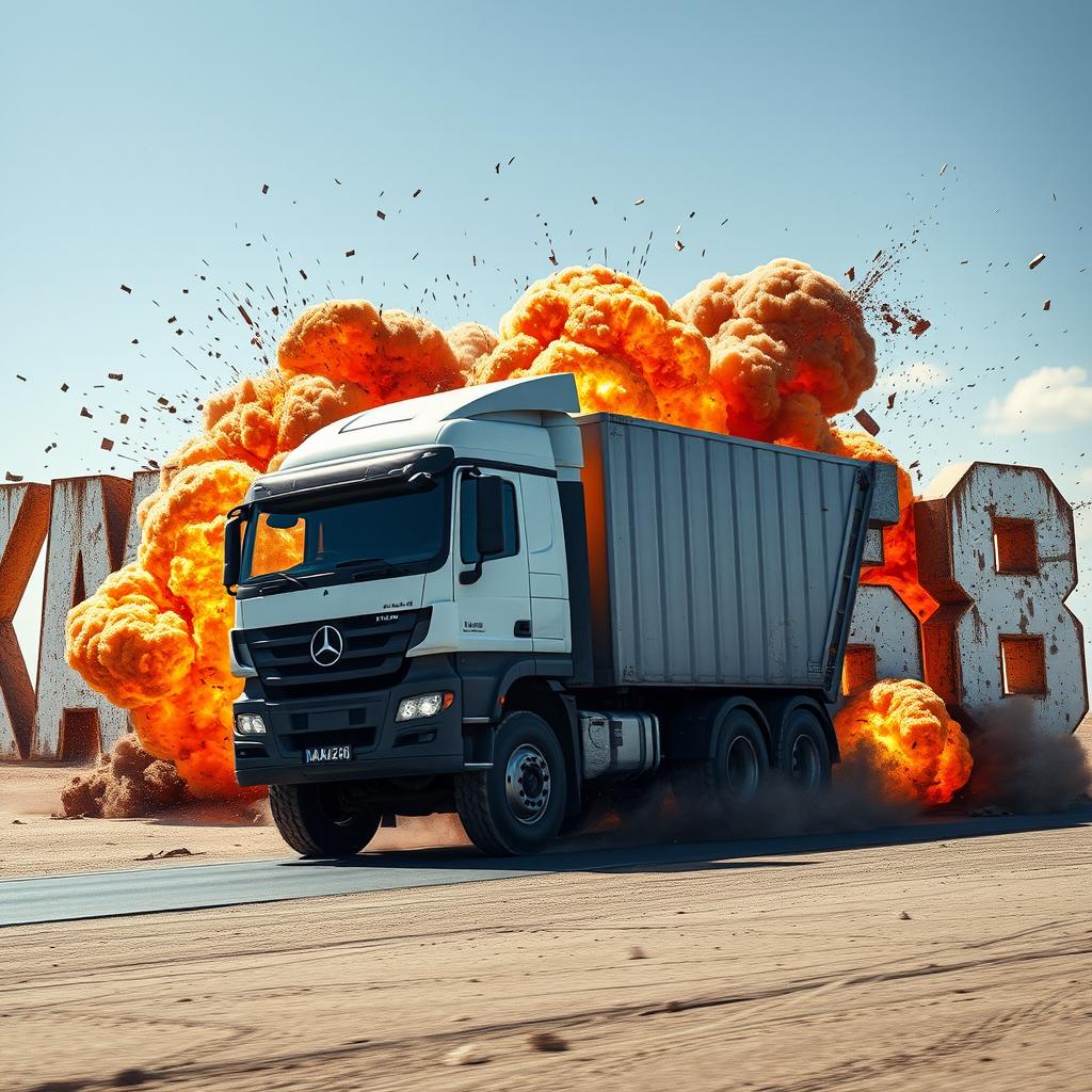 A large truck driving and exploding into letters that spell out the word 'KAMAZ68'