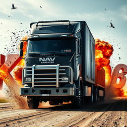 A large truck driving and exploding into letters that spell out the word 'KAMAZ68'