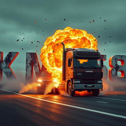 A large truck driving and exploding into letters that spell out the word 'KAMAZ68'