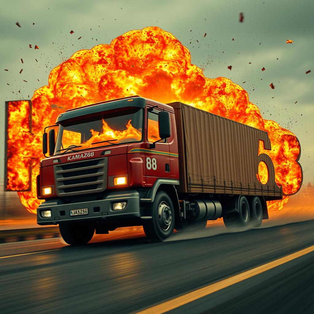 A large truck driving and exploding into letters that spell out the word 'KAMAZ68'