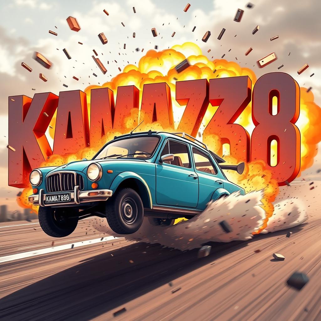 A cartoon-style car driving and exploding into letters that spell out the word 'KAMAZ68'