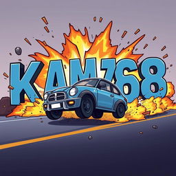 A cartoon-style car driving and exploding into letters that spell out the word 'KAMAZ68'