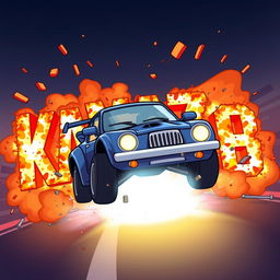 A cartoon-style car driving and exploding into letters that spell out the word 'KAMAZ68'