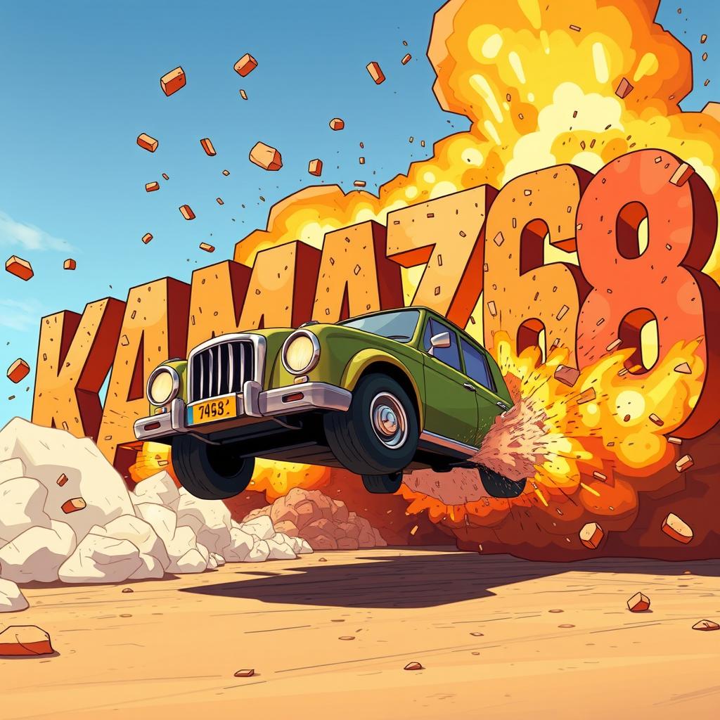 A cartoon-style car driving and exploding into letters that spell out the word 'KAMAZ68'