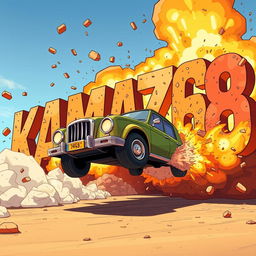 A cartoon-style car driving and exploding into letters that spell out the word 'KAMAZ68'