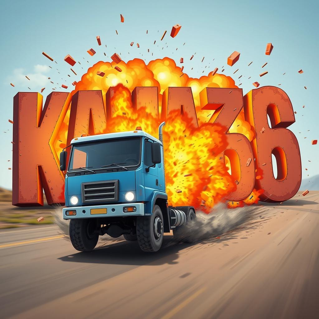 A cartoon-style truck driving and exploding into letters that spell out the word 'KAMAZ68'