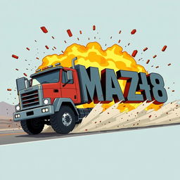 A cartoon-style truck driving and exploding into letters that spell out the word 'KAMAZ68'