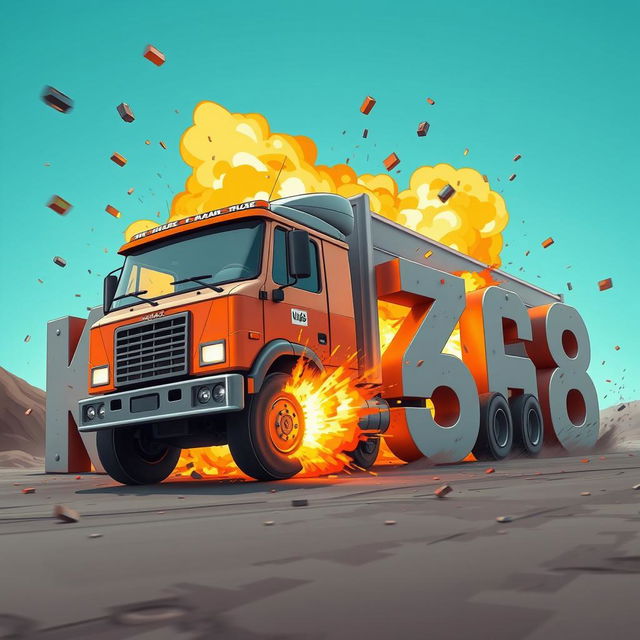 A cartoon-style truck driving and exploding into letters that spell out the word 'KAMAZ68'