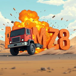 A cartoon-style truck driving and exploding into letters that spell out the word 'KAMAZ68'