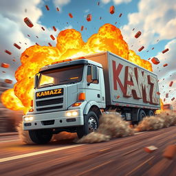 A cartoon-style truck with 'KAMAZ' written on it driving and exploding into letters that spell out the word 'GAME'