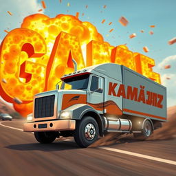 A cartoon-style truck with 'KAMAZ' written on it driving and exploding into letters that spell out the word 'GAME'