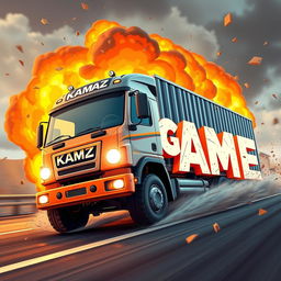 A cartoon-style truck with 'KAMAZ' written on it driving and exploding into letters that spell out the word 'GAME'