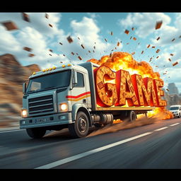 A cartoon-style truck with 'KAMAZ' written on it driving and exploding into letters that spell out the word 'GAME'