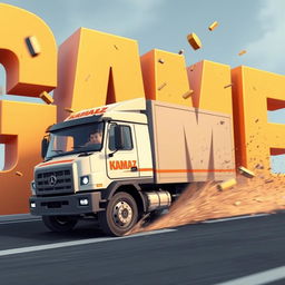 A cartoon-style truck with 'KAMAZ' written on it driving and crashing into letters that spell out the word 'GAME'