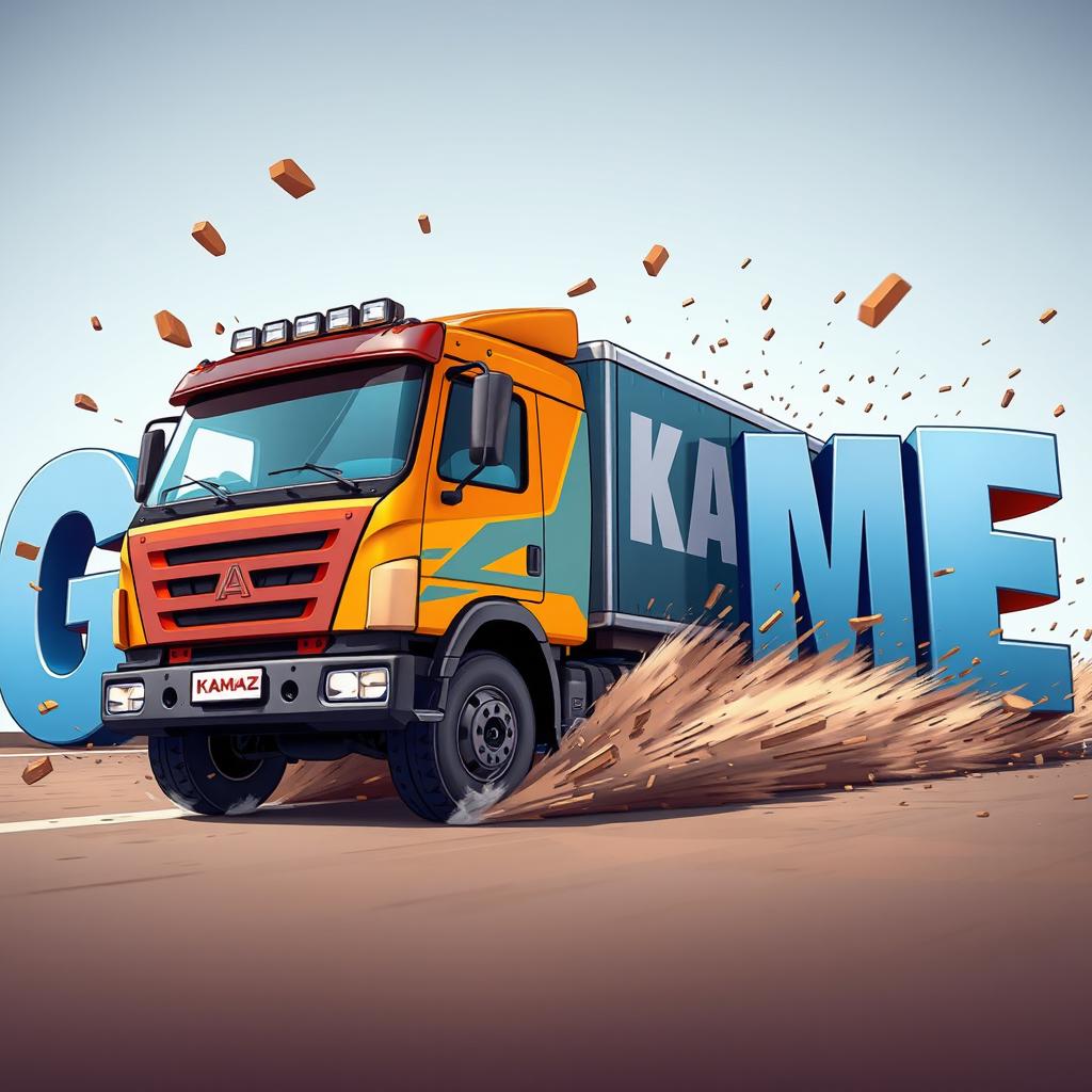 A cartoon-style truck with 'KAMAZ' written on it driving and crashing into letters that spell out the word 'GAME'